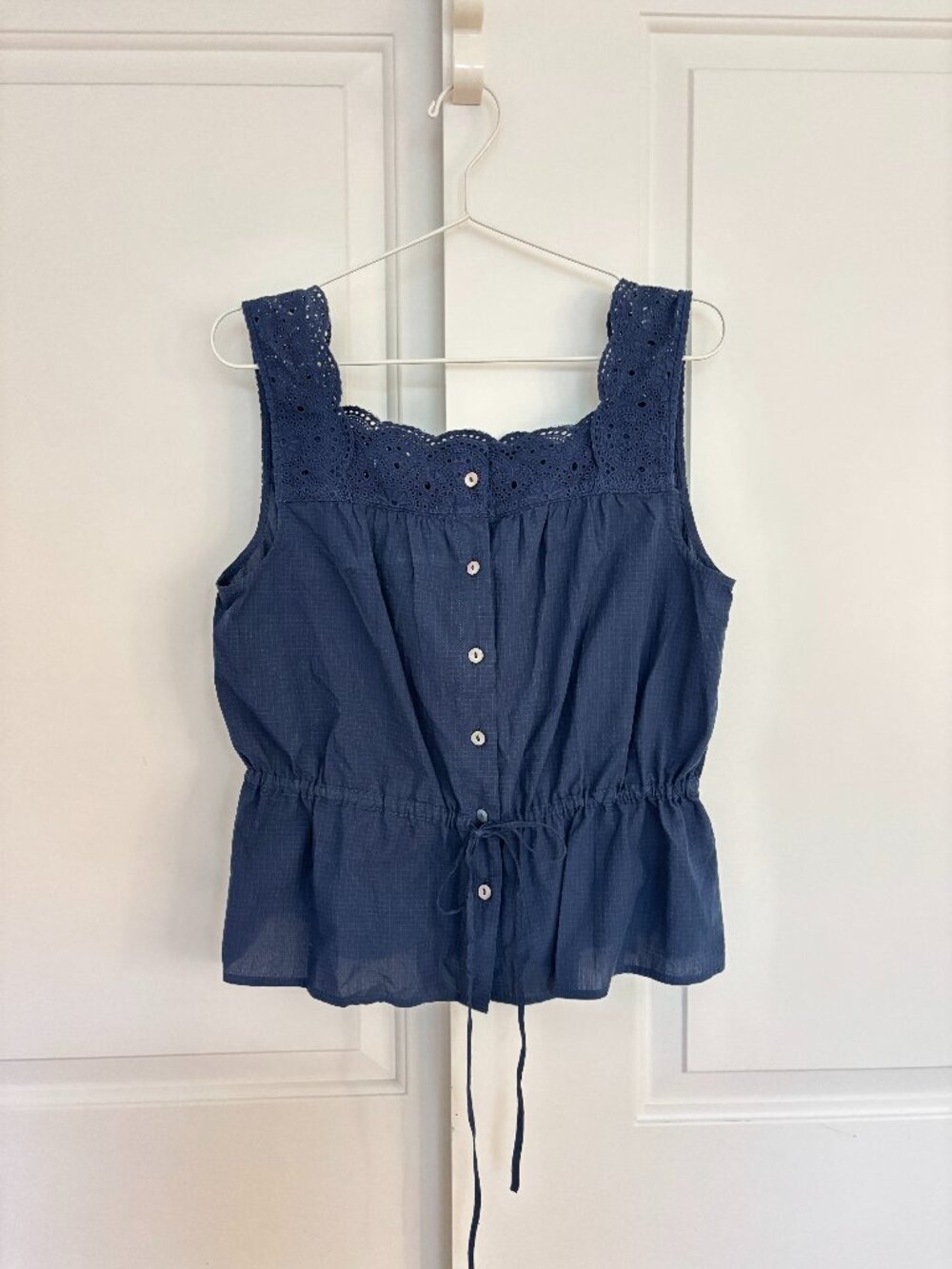 Navy Cotton Eyelet Lace Top Scalloped Straps, Sleeveless, S/M